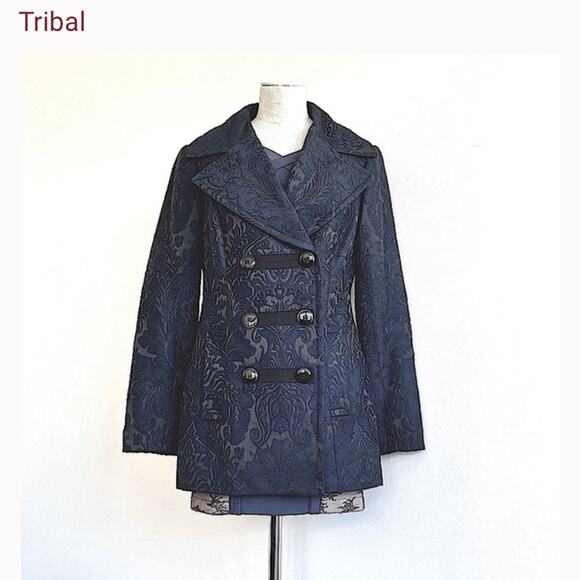Y2K Blue brocade peacoat retro - Picture 4 of 10